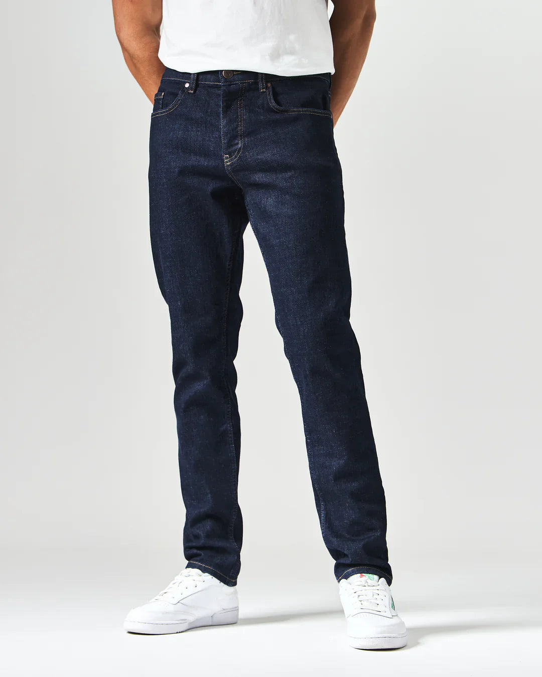 TAPERED DARK RINSE DENIM JEANS
